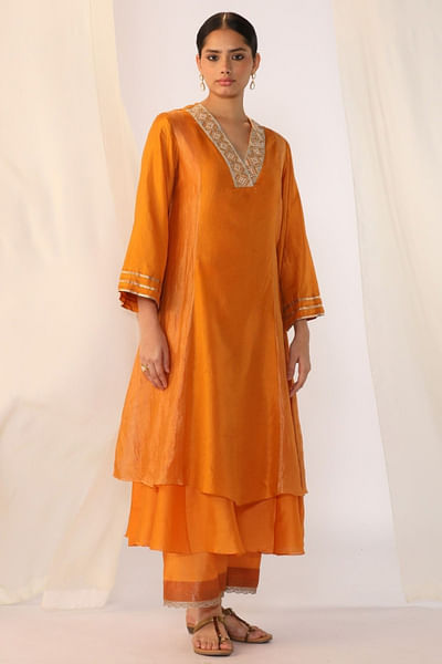 Saffron double-layer embroidered kurta set
