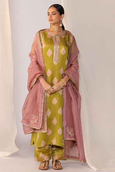 Leaf green printed and embroidered kurta set