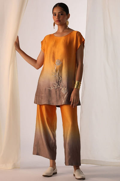 Saffron ombre floral embroidered co-ord set