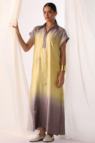 Lemon ombre floral embroidered shirt dress