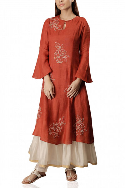 Linen double layer kurta with embroidery