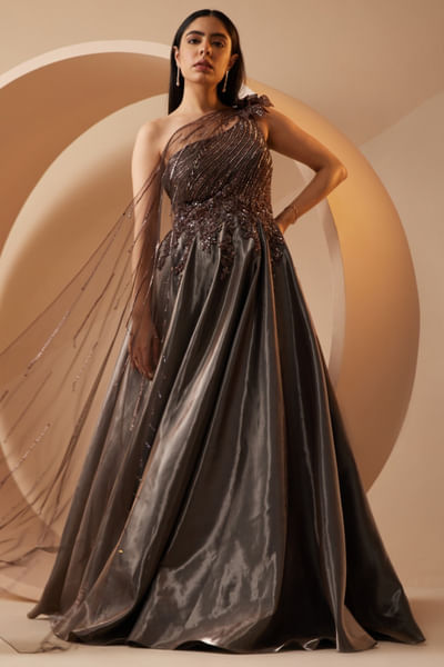 Brown sequin embroidered draped gown