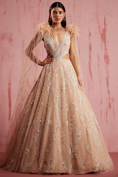 Peach geometric embroidered cape sleeve gown