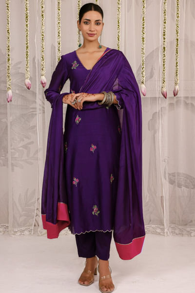 Purple floral embroidered kurta set