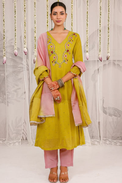 Olive floral embroidered kurta set