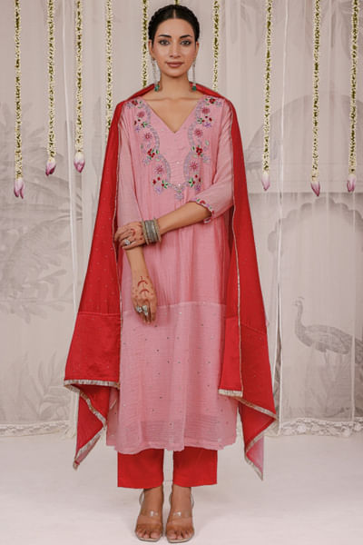Peach floral embroidered kurta set