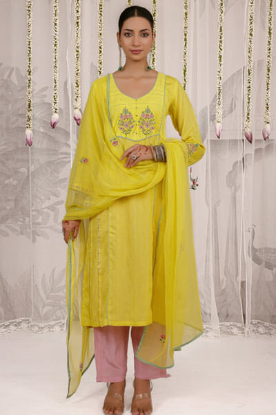 Lemon yellow floral embroidered kurta set