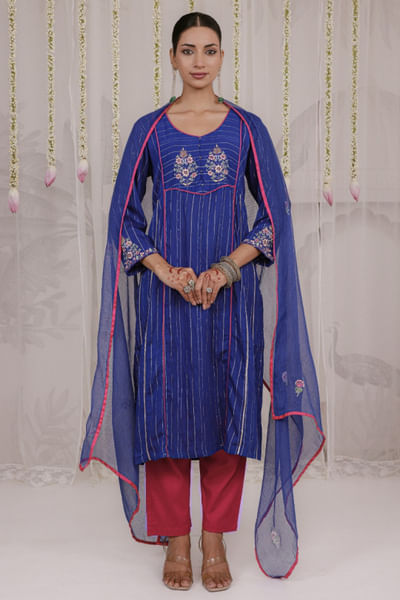 Royal blue floral embroidered kurta set