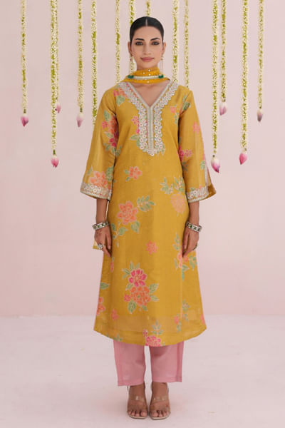 Mustard gold floral print embroidery kurta set