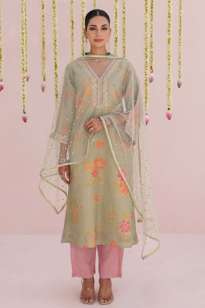Mint green floral print embroidered kurta set