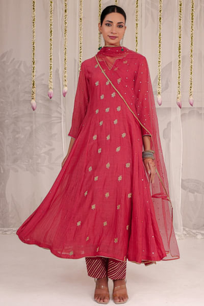 Red embroidered anarkali set