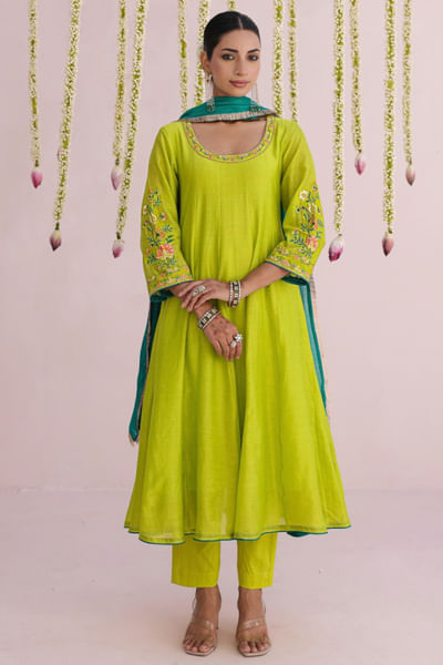 Lemon green floral embroidered anarkali set