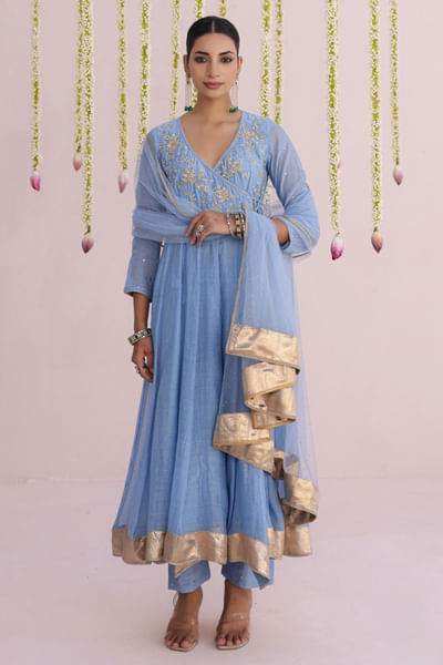 Dusty blue embroidered angrakha anarkali set
