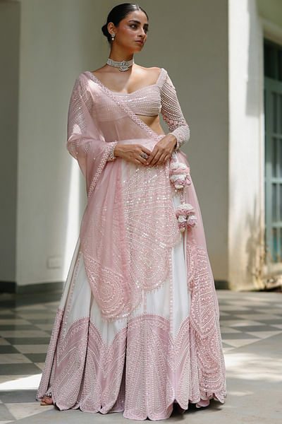 White and pink embroidered lehenga set