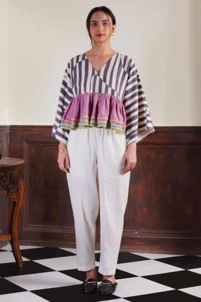 Multicolour stripe hand painted gathered top