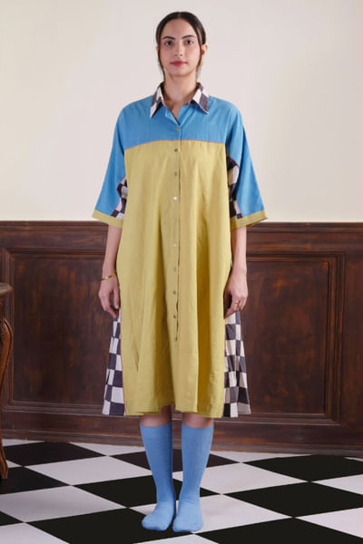 Multicolour checks hand-painted shirt dress