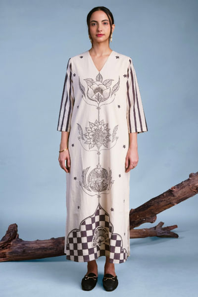 Black-white floral checks hand painted dress