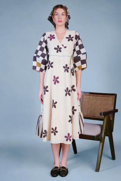 Multicolour floral-checks hand painted dress