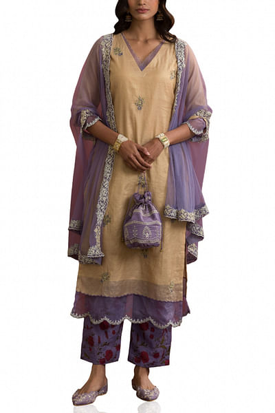Lilac and beige kurta set