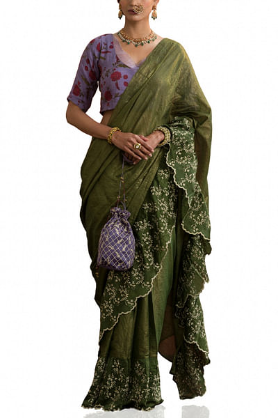 Green and lilac zari sari set