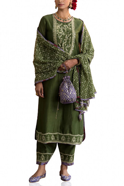 Green embroidered kurta set