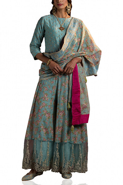 Blue printed chanderi sharara set