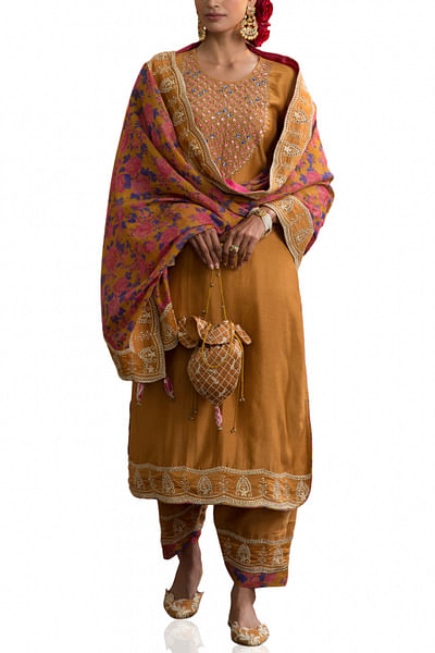 Mustard embroidered kurta set
