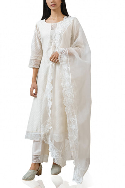 Pearl white embroidered kurta set