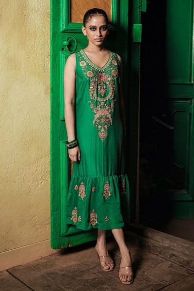 Nabo Green floral embroidered dress NABOAUG26D153460