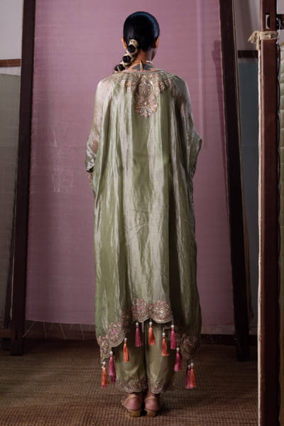 Nabo Green marodi and thread embroidered kaftan set NABOJUL26D149303