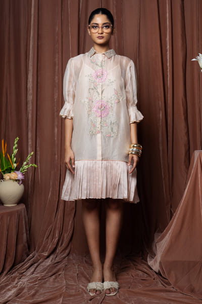 Nabo Ivory floral embroidered pleated dress NABOAUG26D153469