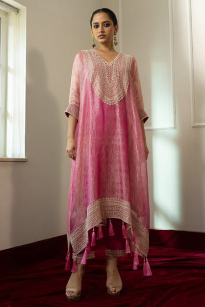 Nabo Pink sequin and pearl embroidered kaftan set NABOJUL26D149320