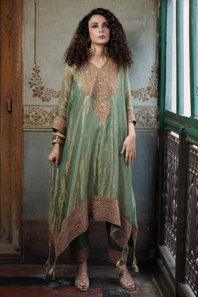 Nabo Sage green zari-embroidered kaftan set NABOJUL26D149308