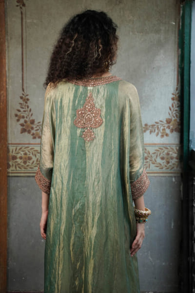 Nabo Sage green zari-embroidered kaftan set NABOJUL26D149308
