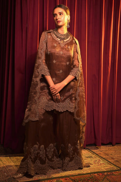 Nabo Bronze gold zari embroidered kurta sharara set NABOJUL26D149315