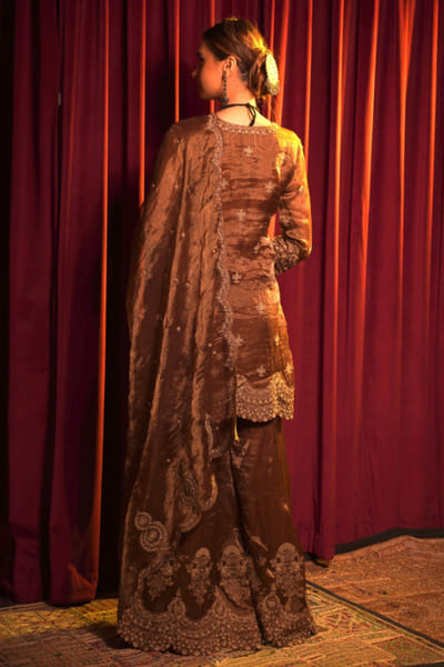 Nabo Bronze gold zari embroidered kurta sharara set NABOJUL26D149315