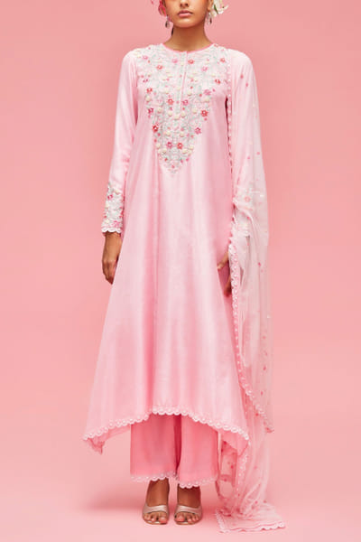 Nachiket Barve Baby pink silk kurta set NAB22FMAR07