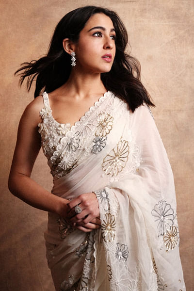 Ivory floral embroidery sari set