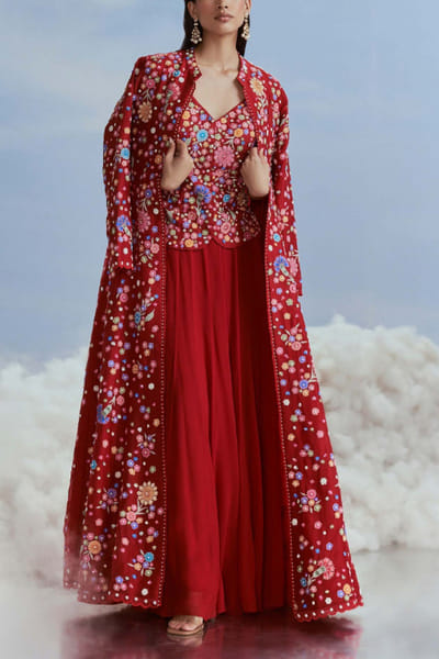 Nachiket Barve Red floral embroidery jacket sharara set NABFEB24D303