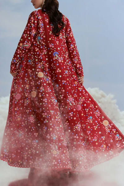 Nachiket Barve Red floral embroidery jacket sharara set NABFEB24D303