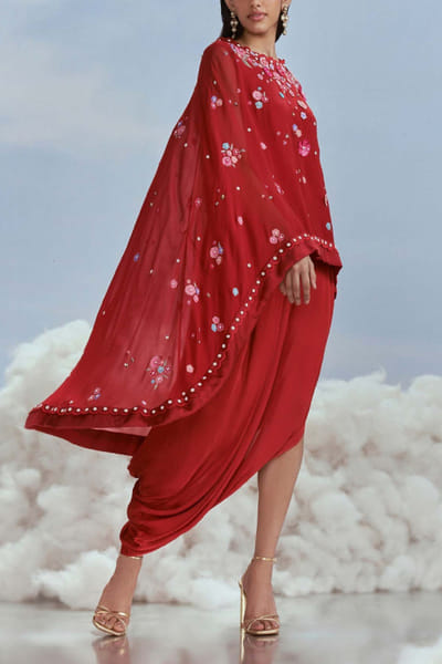 Nachiket Barve Red embroidered cape and draped skirt set NABFEB24D310
