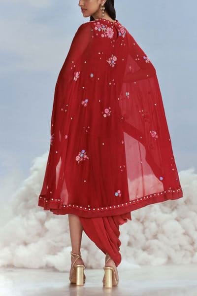 Nachiket Barve Red embroidered cape and draped skirt set NABFEB24D310