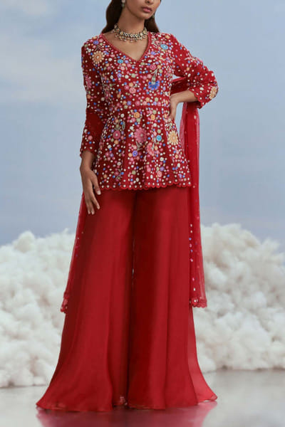 Nachiket Barve Red floral embroidery peplum sharara set NABFEB24D312