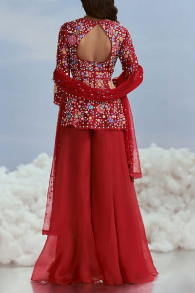 Nachiket Barve Red floral embroidery peplum sharara set NABFEB24D312