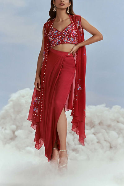 Red floral embroidery cape and skirt set