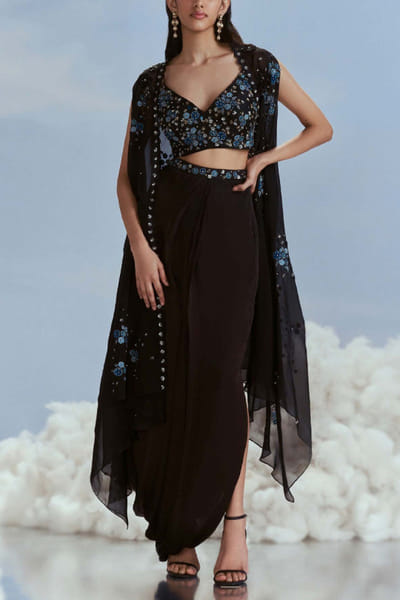 Nachiket Barve Black floral embroidery cape and skirt set NABFEB24D315