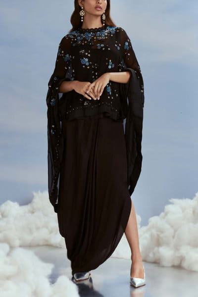 Nachiket Barve Black floral embroidered cape and skirt NABFEB24D316