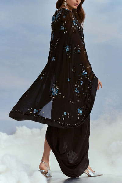 Nachiket Barve Black floral embroidered cape and skirt NABFEB24D316