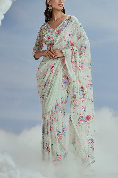 Mint floral embroidery sari set