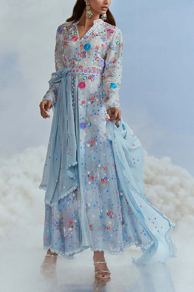 Icy blue floral embellished kurta set